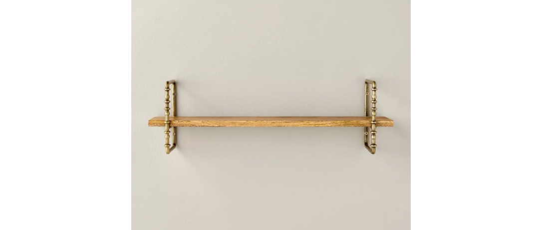 Twisted Brass and Wood Singular Wall Shelf