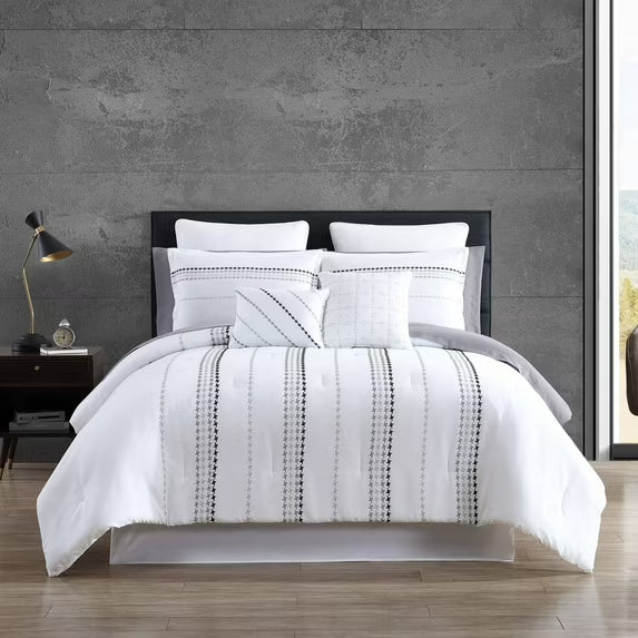 Delphi Embroidered Stripe Comforter Sheets Bedding Set White/Gray - King