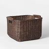 Cube Rattan Decorative Basket with Leather Handles Dark Brown