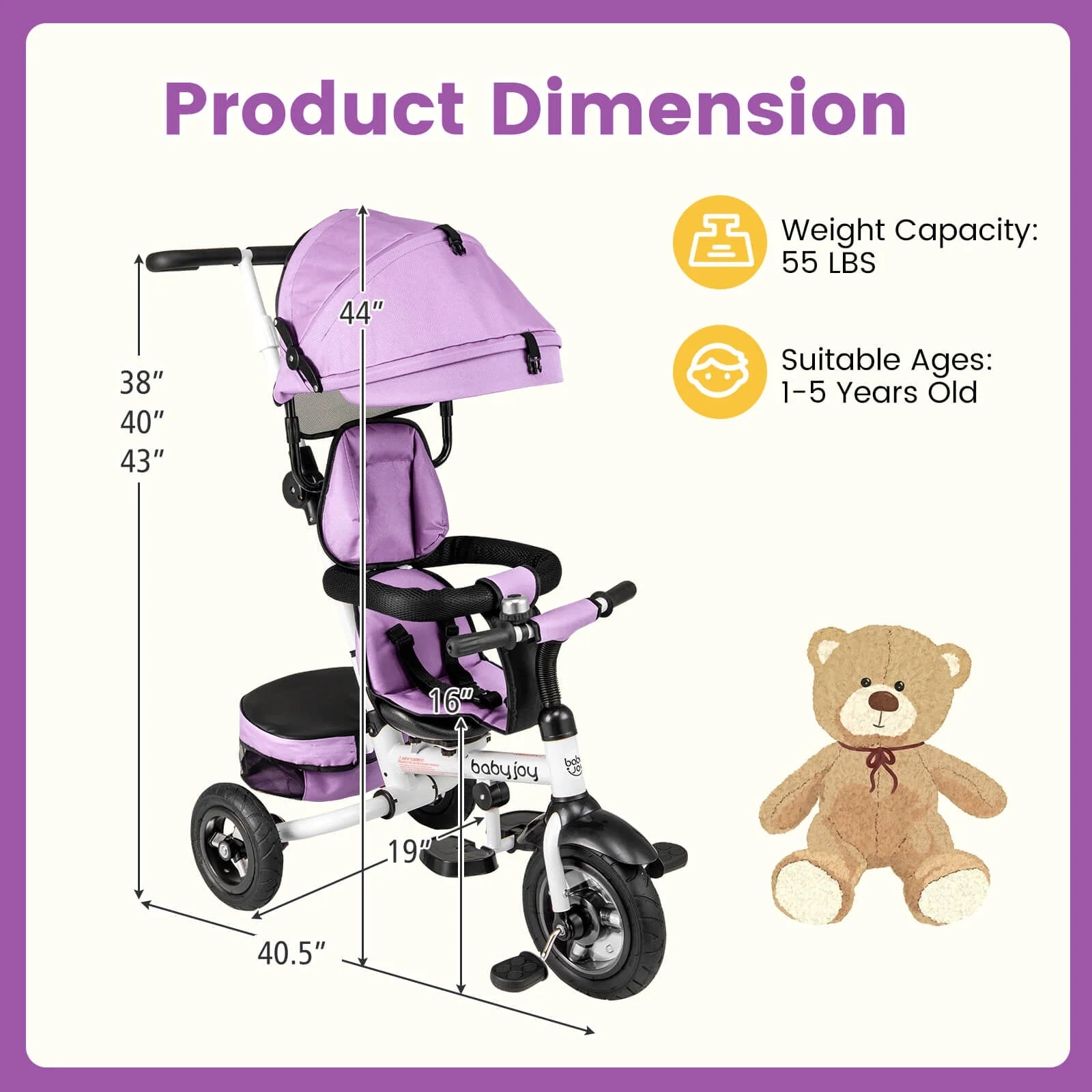 Babyjoy Pink Folding Tricycle with Adjustable Canopy and 360° Reversible Seat