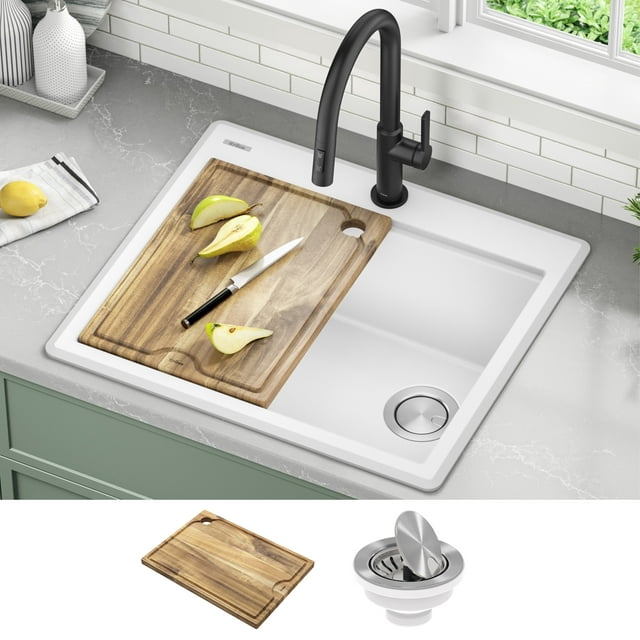 Bellucci Drop In Single Basin Granite Composite Kitchen Sink with Basket Strainer and Cutting Board