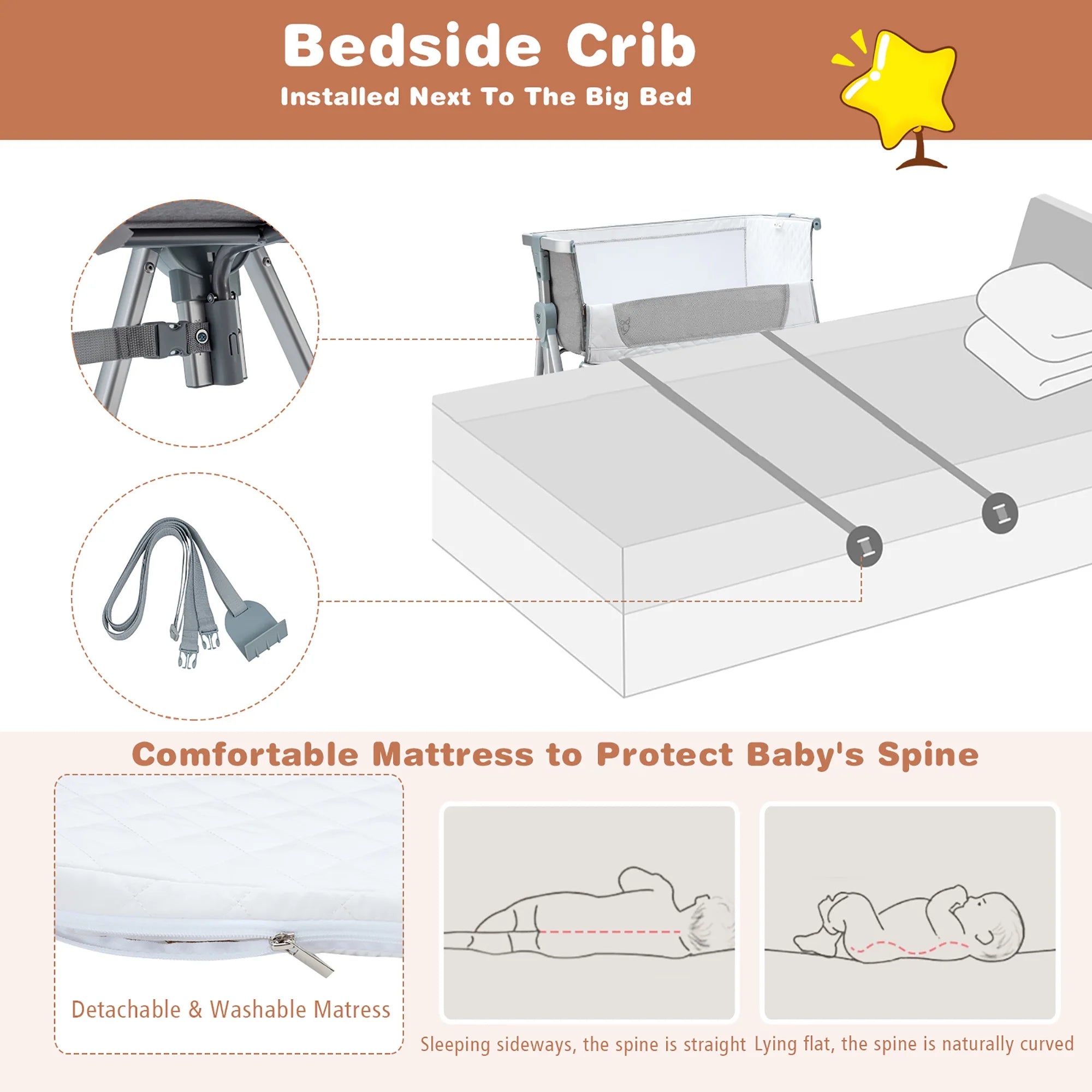 Baby Bed Side Crib Portable Adjustable Infant Travel Sleeper Bassinet Light Grey