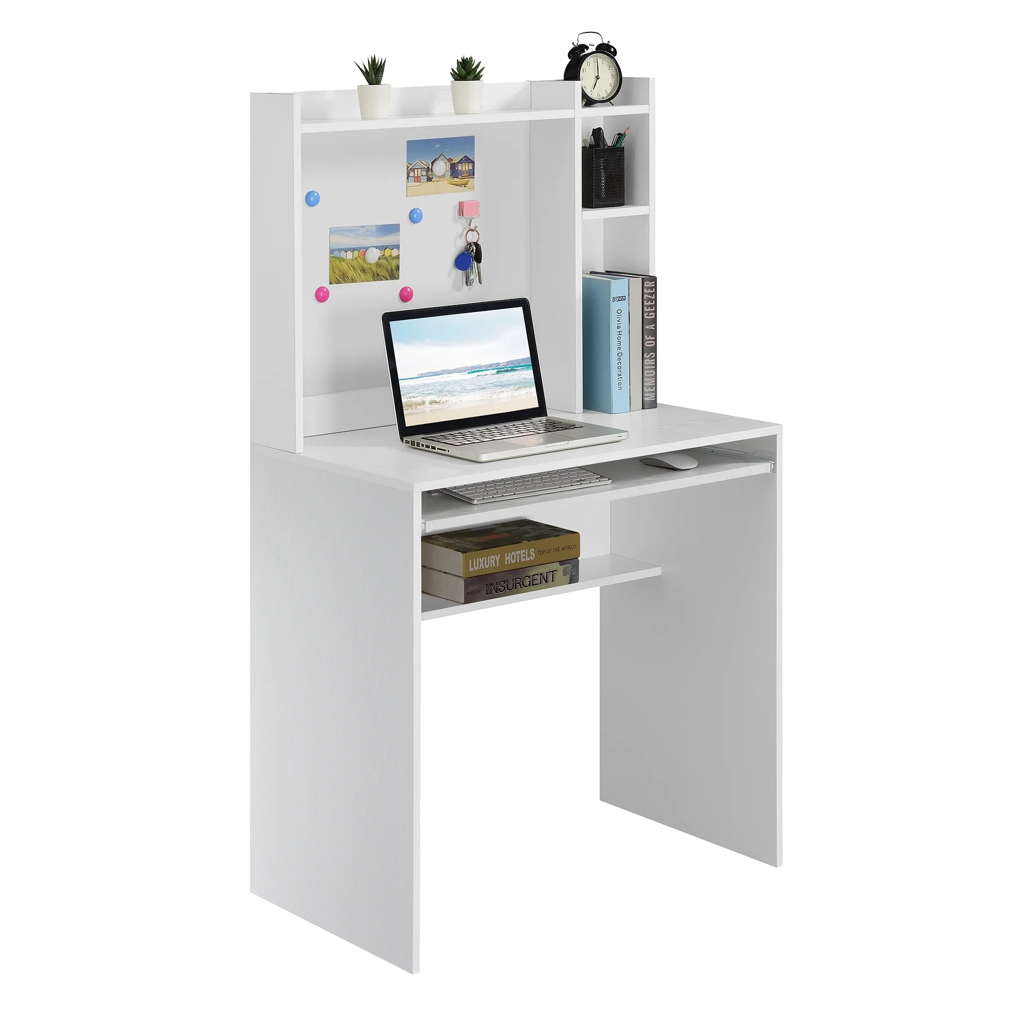 Student Desk with Magnetic Bulletin Board and Shelves, White