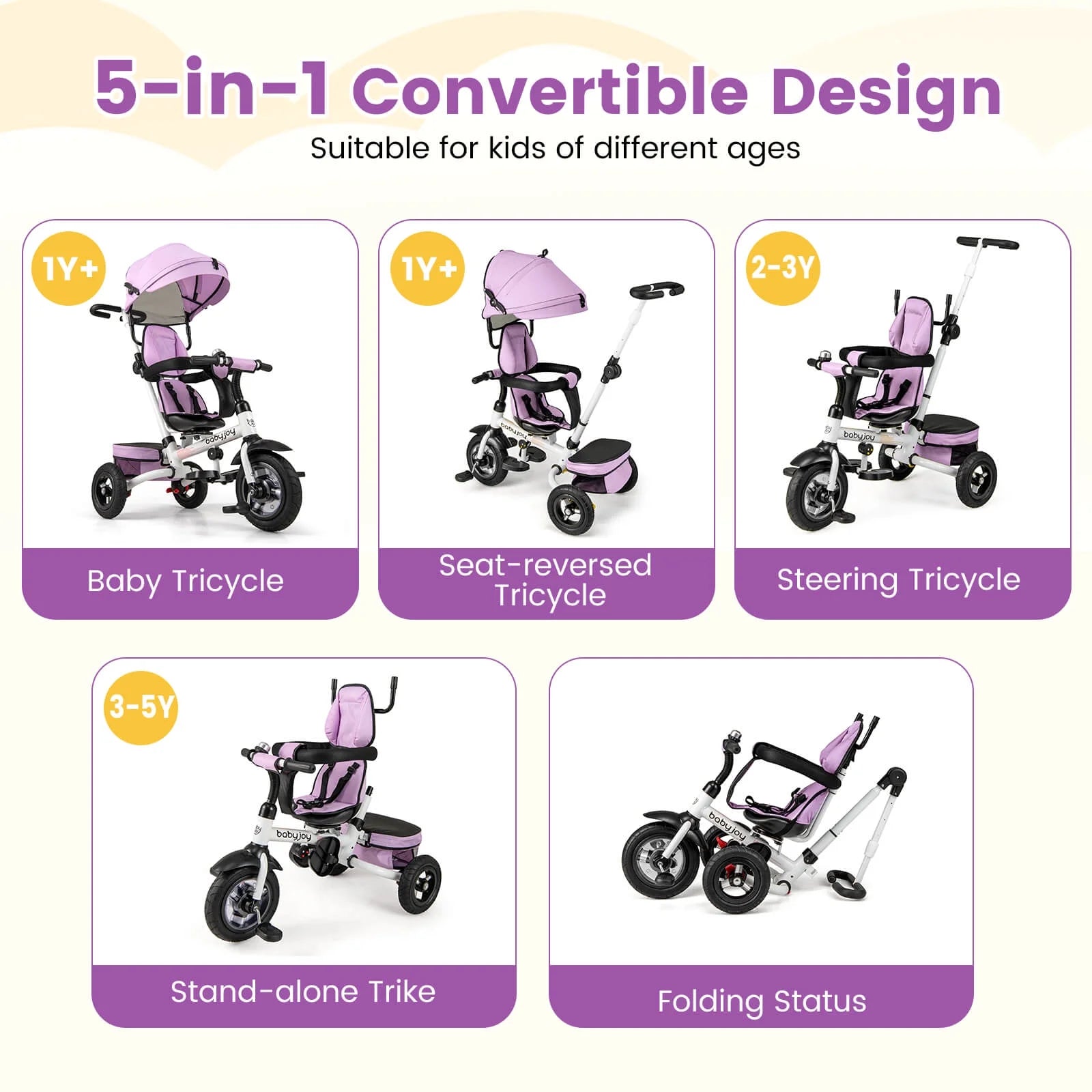 Babyjoy Pink Folding Tricycle with Adjustable Canopy and 360° Reversible Seat