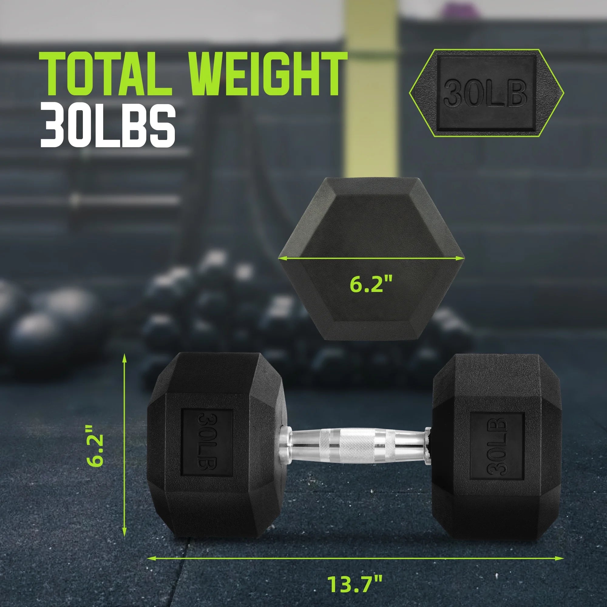 Rubber Hex Dumbbells, 1-Piece, Black