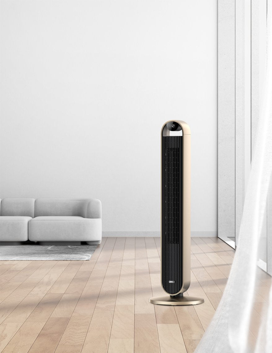 120°Oscillating Bladeless Fan for Bedroom, 25dB Quiet DC Motor, Standing Fan with Remote, 12 Hyper Wind Speeds - Gold