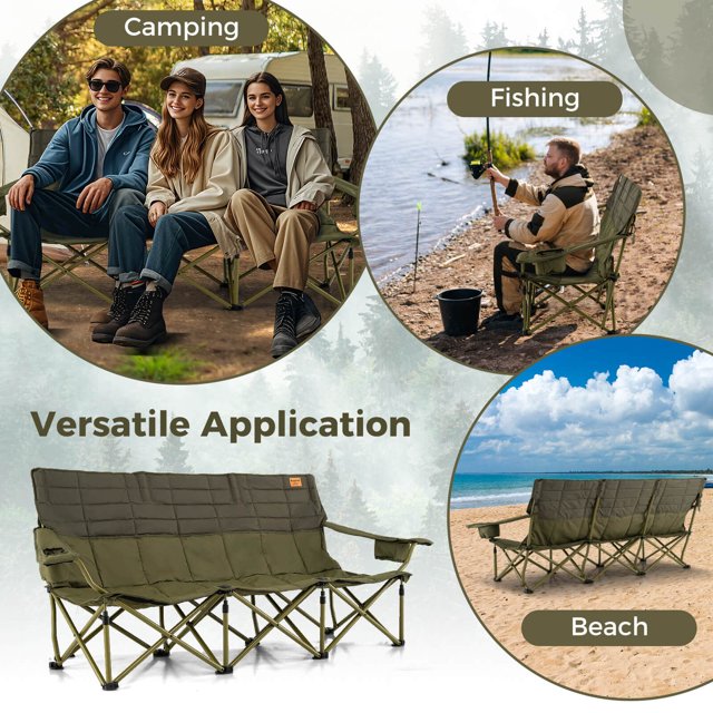 3 Person Foldable Camping Chair with 2 Cup Holders, Green
