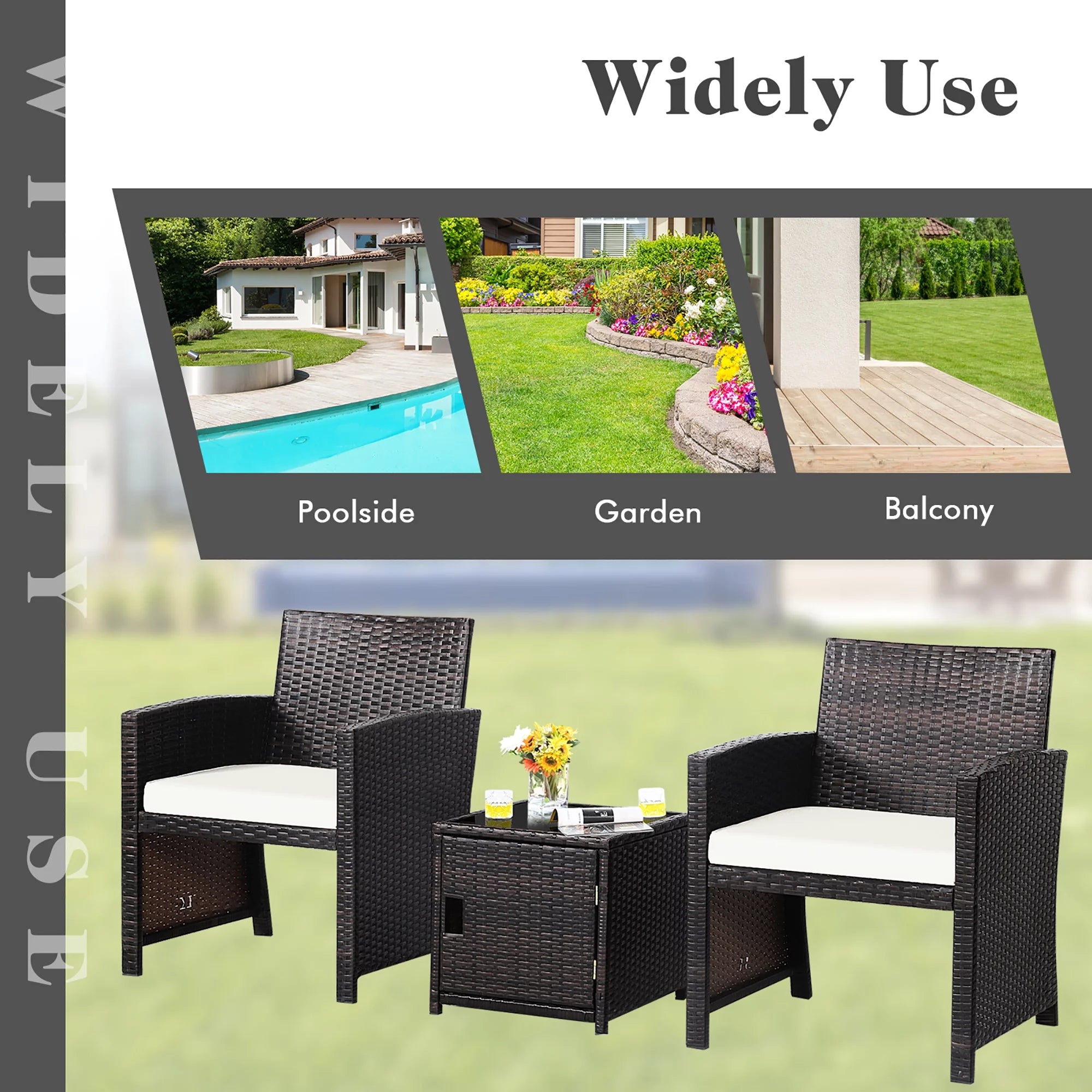 3-Piece Patio Wicker Furniture Set Storage Table with Protect Cover Cushioned in Off White