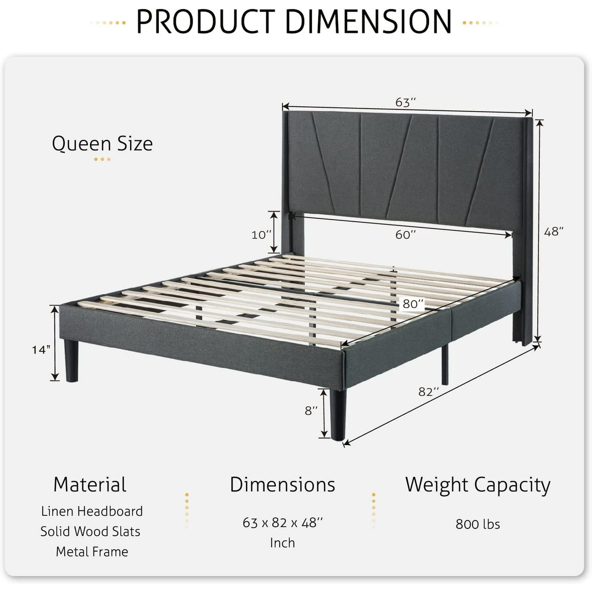 Queen Size Upholstered Platform Bed frame with Headboard & Wingback, Grey