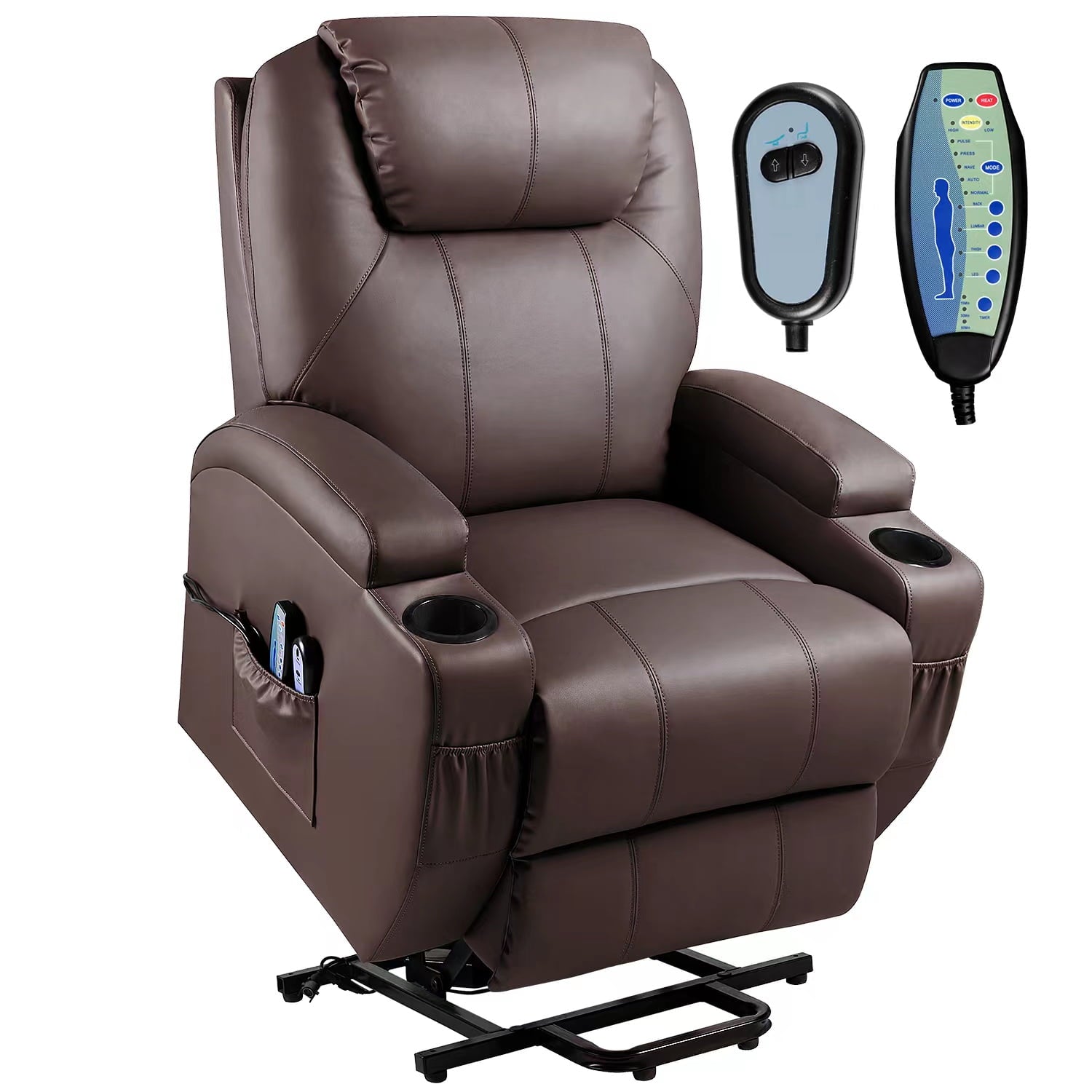 Big and Tall Brown Power Lift Recliner Chair for Elderly with Massage and Heat, Side Pockets and Cup Holders