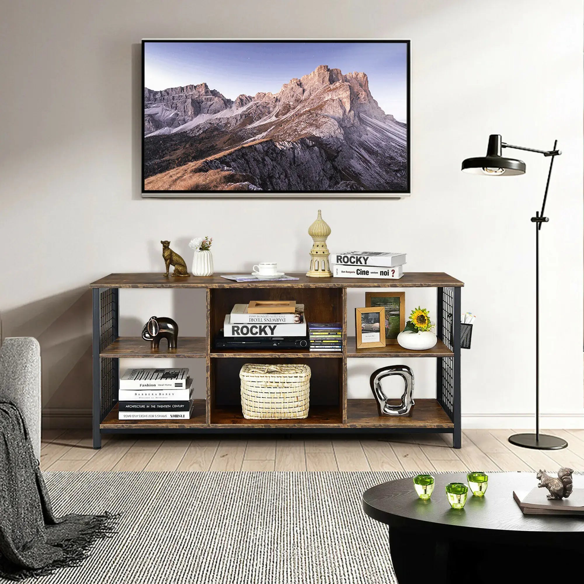 3-Tier TV Stand Entertainment Media Center w/Storage Basket - Rustic Brown/Black