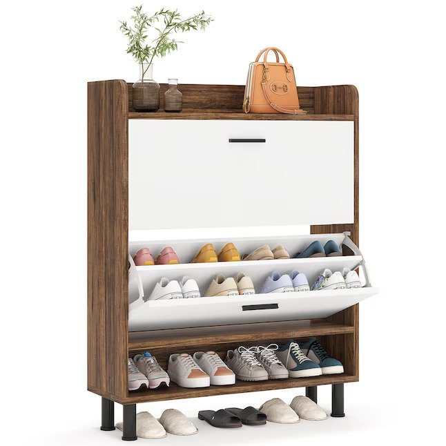 24 Pair White and Brown Mdf Shoe Cabinet
