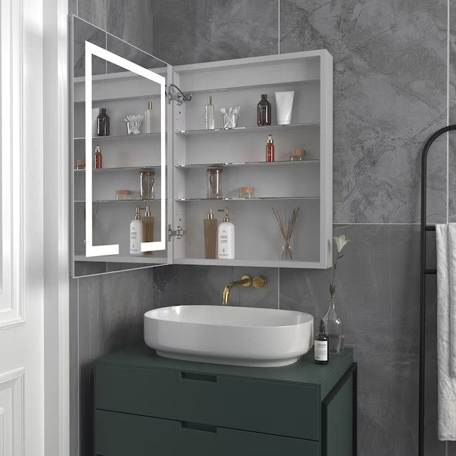 Lighted LED Fog Free Surface/Recessed Mount Silver Mirrored Rectangle Soft Close Medicine Cabinet with Outlet