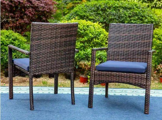Black Rattan Metal Patio Outdoor Dining Chair with Blue Cushion (2-Pack)