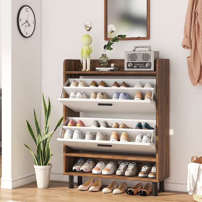 24 Pair White and Brown Mdf Shoe Cabinet