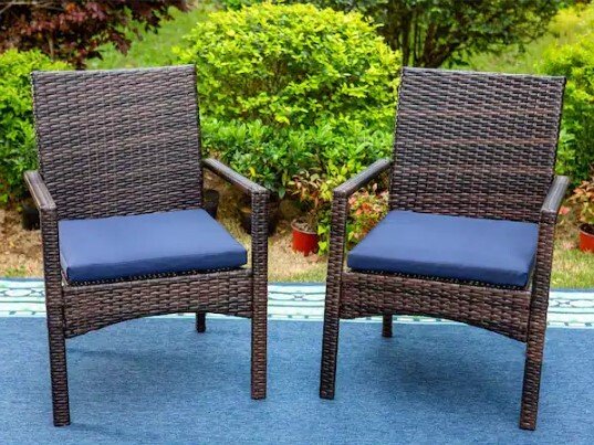 Black Rattan Metal Patio Outdoor Dining Chair with Blue Cushion (2-Pack)