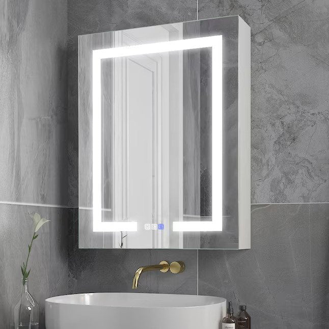 Lighted LED Fog Free Surface/Recessed Mount Silver Mirrored Rectangle Soft Close Medicine Cabinet with Outlet