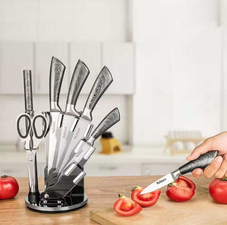 8-Piece Dark Gray Acrylic Handle Stainless Steel Knife Set with Knife Block