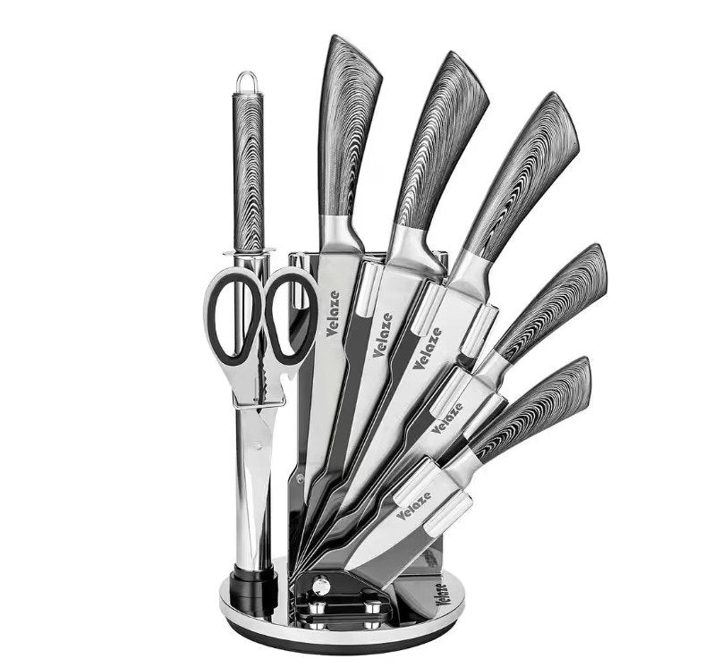 8-Piece Dark Gray Acrylic Handle Stainless Steel Knife Set with Knife Block