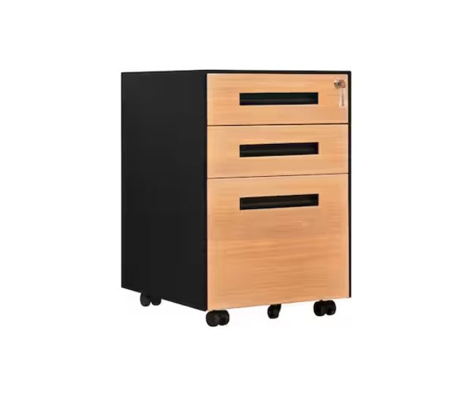 Black 3-Drawer Walnut Metal Mobile Vertical Letter File Cabinet