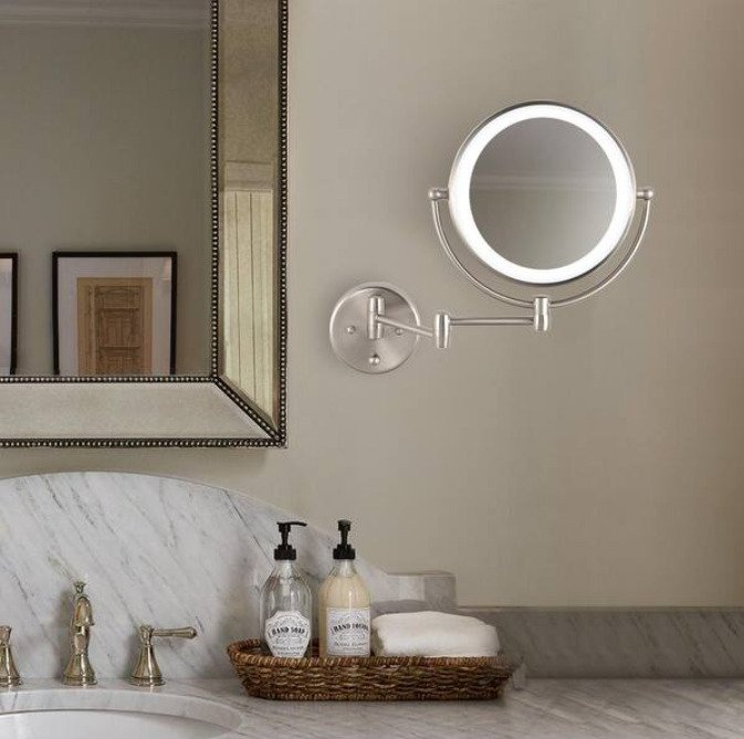 1-Light Brushed Nickel LED Vanity Light Bar with Round Mirror