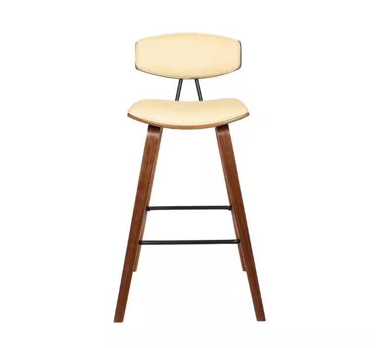 Fox Mid-Century Bar Height Bar Stool in Cream Faux Leather with Walnut Wood