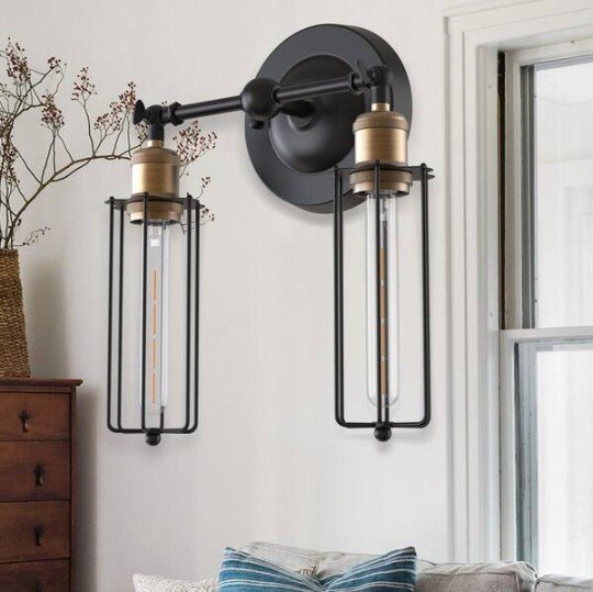 2-Light Dimmable Black Farmhouse Industrial Wall Sconce，Metal Cage Wall Light for Bedroom Hallway Corridor
