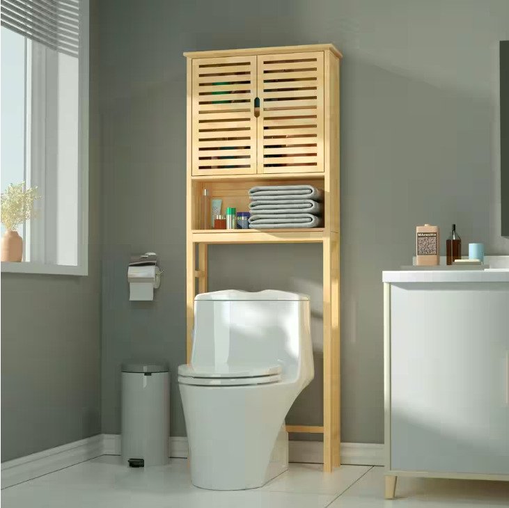 Yellow Bamboo Over-the-Toilet Storage with Adjustable Shelf