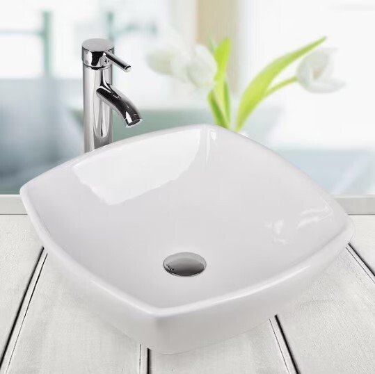 White Ceramic Square Vessel Sink with Chrome Faucet