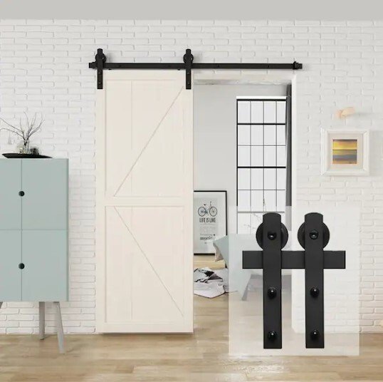 Black Sliding Barn Door Track and Hardware Kit with I-Shape Hanger For Single Door