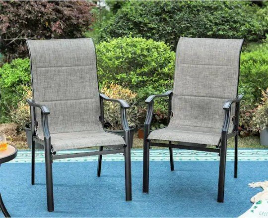 Black Ergonomic High Back Padded Textilene Metal Outdoor Dining Chair with Wave Arms (2-Pack)