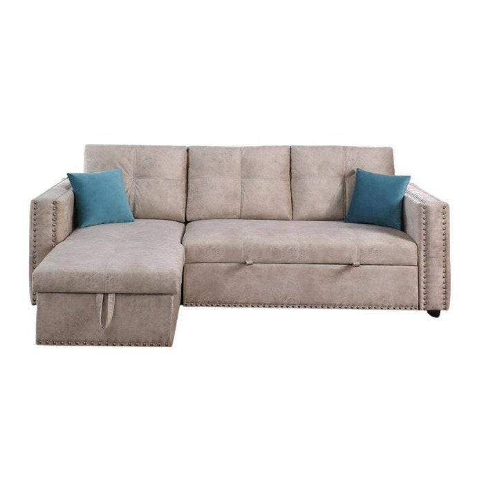 Beige Velvet Full 3 Seat Reversible Nailheaded Sleeper Sectional Sofa Bed with Storage