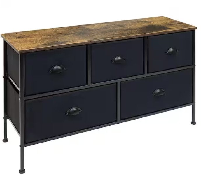 5-Drawer Gray White Dresser Steel Frame Wood Top Easy Pull Fabric Bins