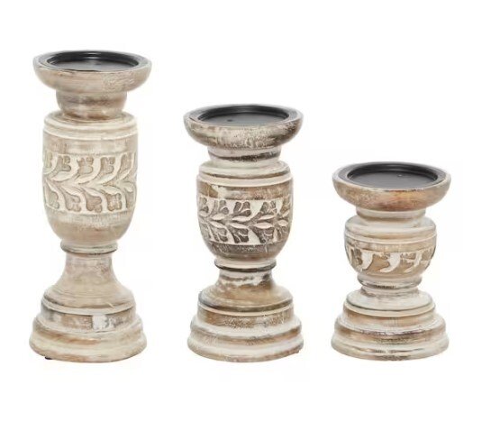 Beige Wood Handmade Candle Holder with Carved Designs (Set of 3)