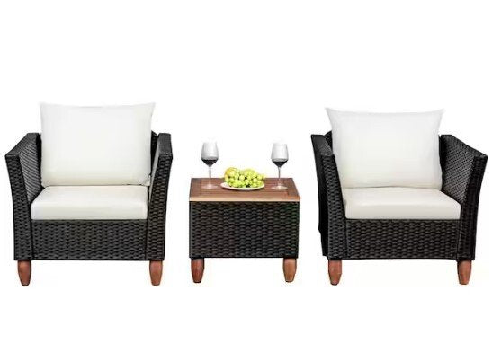 Black 3-Piece Rattan Outdoor Sectional Set with White Cushions
