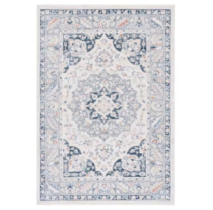 Blair Beige/Gray Navy 4 ft. x 6 ft. Machine Washable Border Floral Area Rug