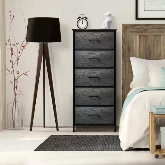 5-Drawer Black Dresser Steel Frame Wood Top Easy Pull Fabric Bins