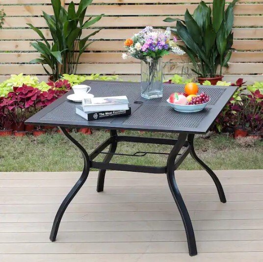 Black Square Metal Patio Outdoor Dining Table with Umbrella Hole and Netty Tabletop