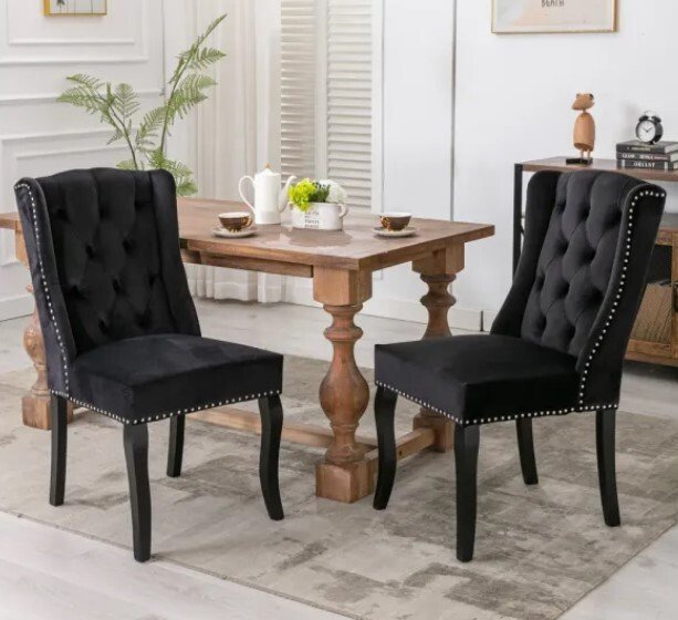 Wingback Dining Chair in Plush Velvet Fabric, Set of 2, Black