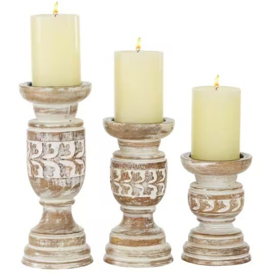 Beige Wood Handmade Candle Holder with Carved Designs (Set of 3)