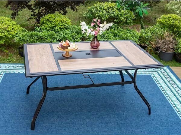 Black Geometric Rectangle Metal Patio Outdoor Dining Table with Umbrella Hole and Wood-Look Tabletop