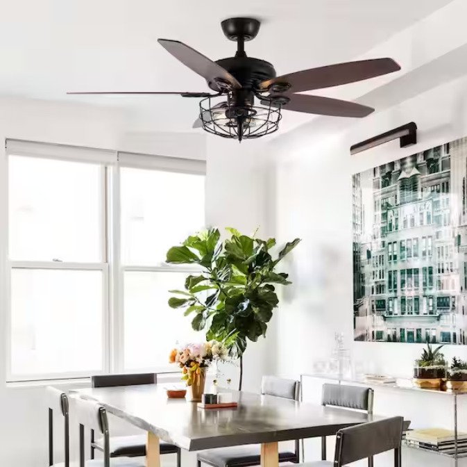 Indoor Industrial Downrod Mount Black Ceiling Fan with Light Kit and Remote Control