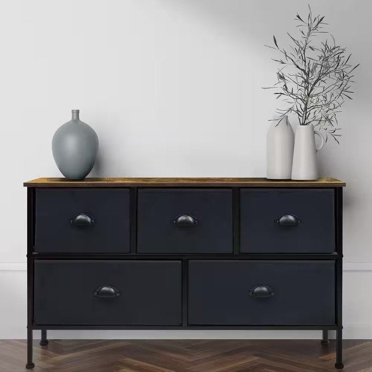 5-Drawer Gray White Dresser Steel Frame Wood Top Easy Pull Fabric Bins