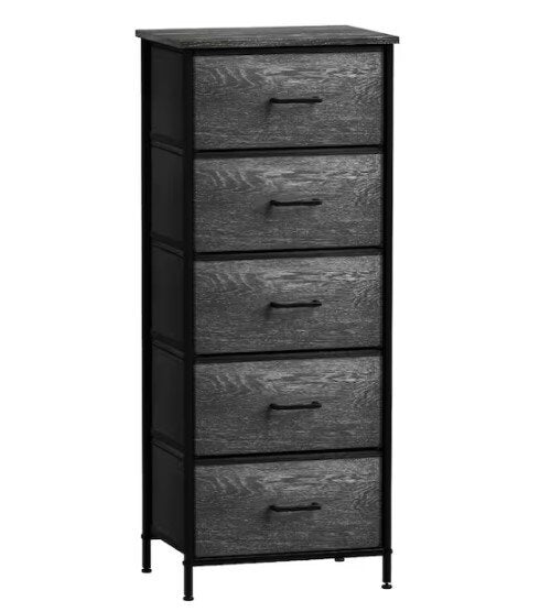5-Drawer Black Dresser Steel Frame Wood Top Easy Pull Fabric Bins