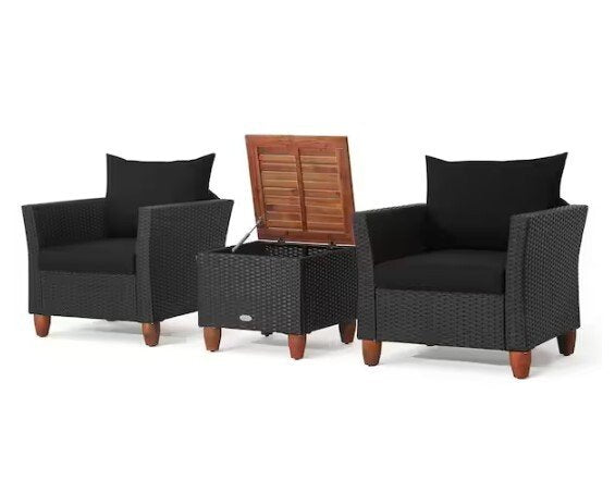 3-Piece Patio Rattan Furniture Set Cushioned Sofa Storage Table with Wood Top Black