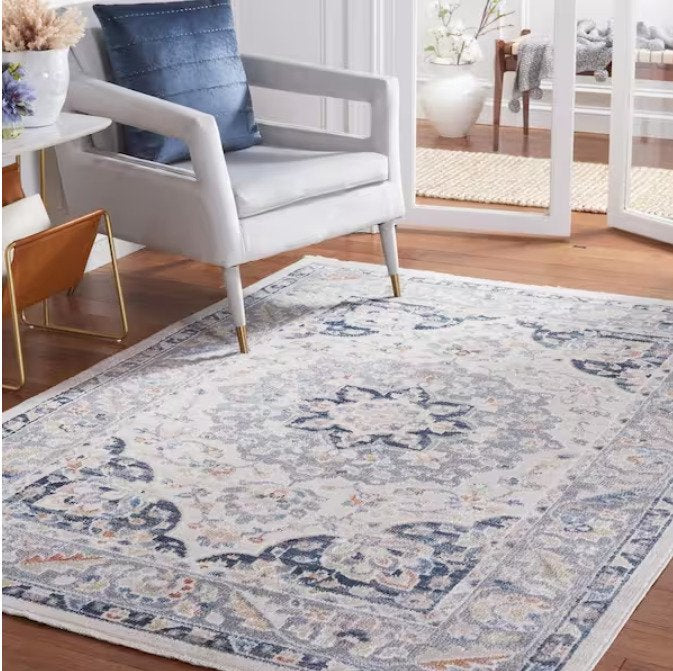 Blair Beige/Gray Navy 4 ft. x 6 ft. Machine Washable Border Floral Area Rug