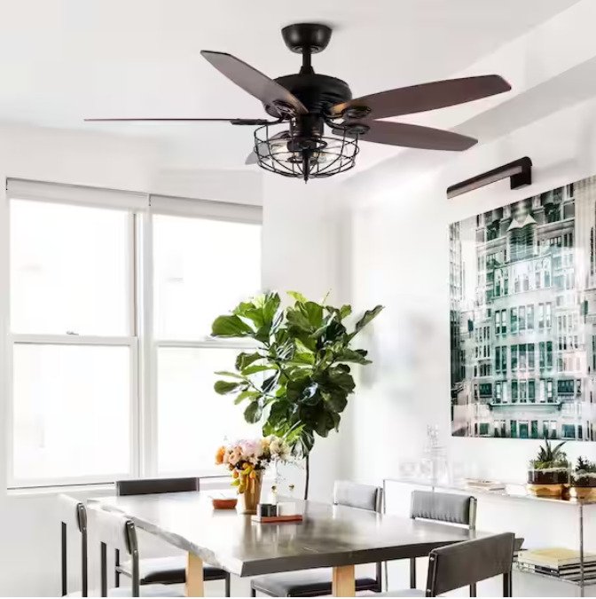 Indoor Industrial Downrod Mount Black Ceiling Fan with Light Kit and Remote Control
