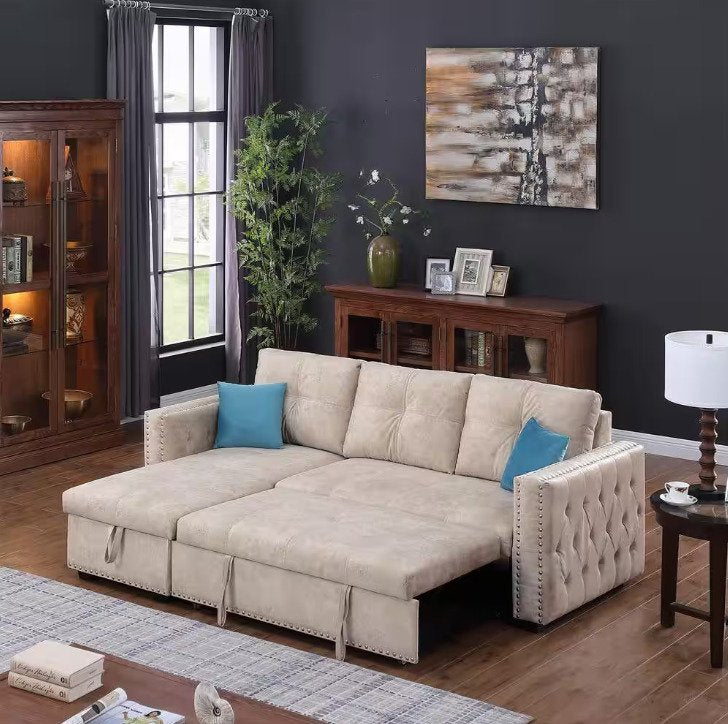 Beige Velvet Full 3 Seat Reversible Nailheaded Sleeper Sectional Sofa Bed with Storage