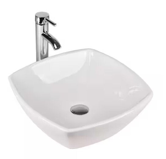 White Ceramic Square Vessel Sink with Chrome Faucet