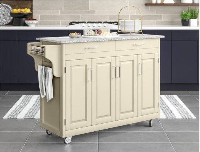 White Kitchen Cart with Salt and Pepper Granite Top